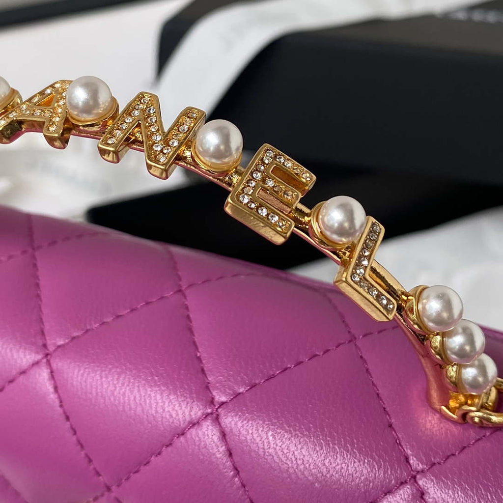Chanel AP3512 Flap Phone Holder With Chain Lambskin Imitation Pearls Enamel & Gold Purple