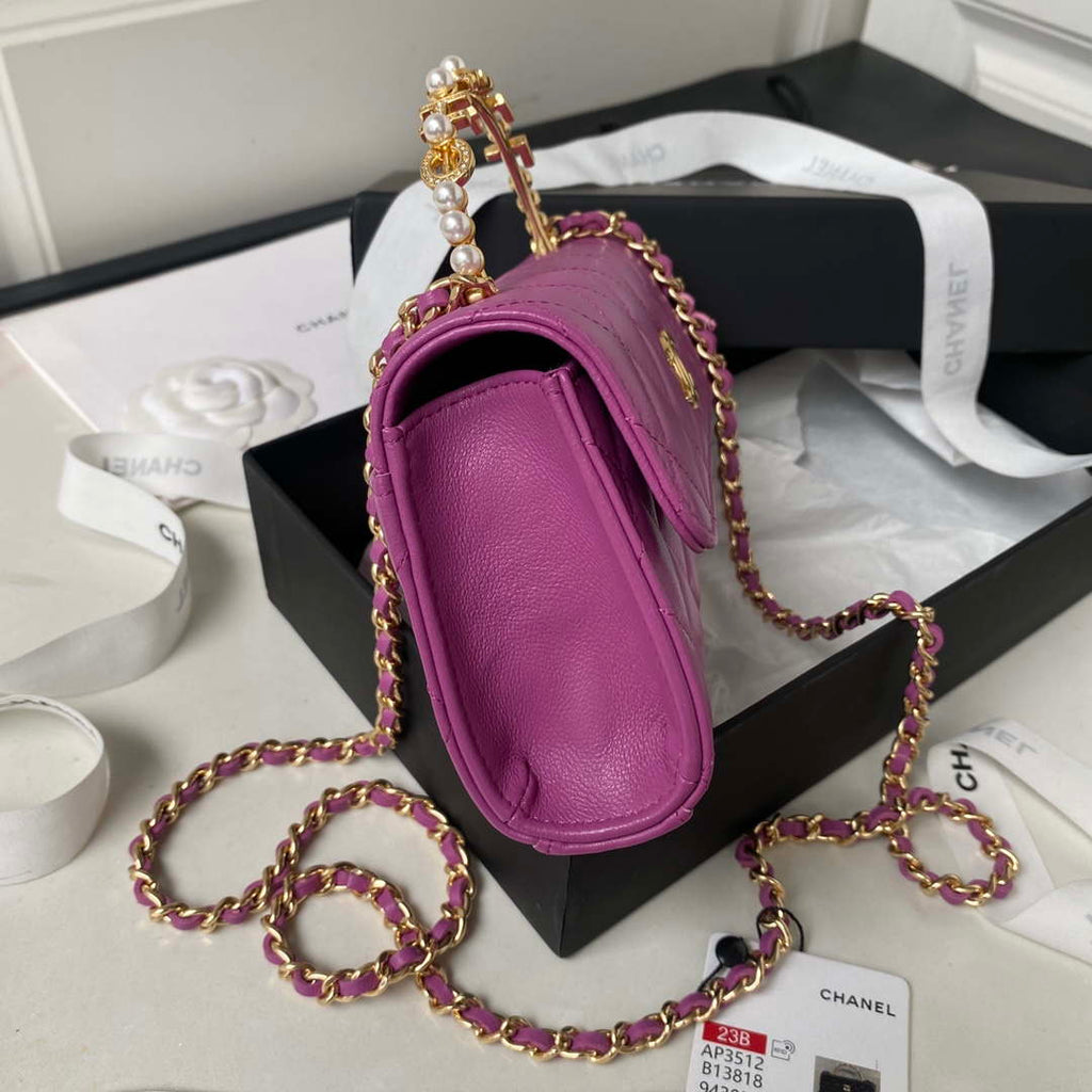 Chanel AP3512 Flap Phone Holder With Chain Lambskin Imitation Pearls Enamel & Gold Purple