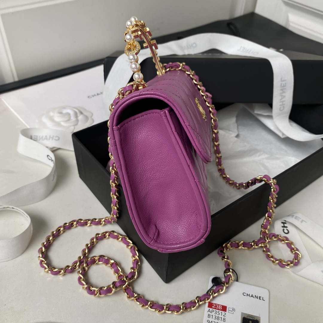 Chanel AP3512 Flap Phone Holder With Chain Lambskin Imitation Pearls Enamel & Gold Purple - Default Title - View 6