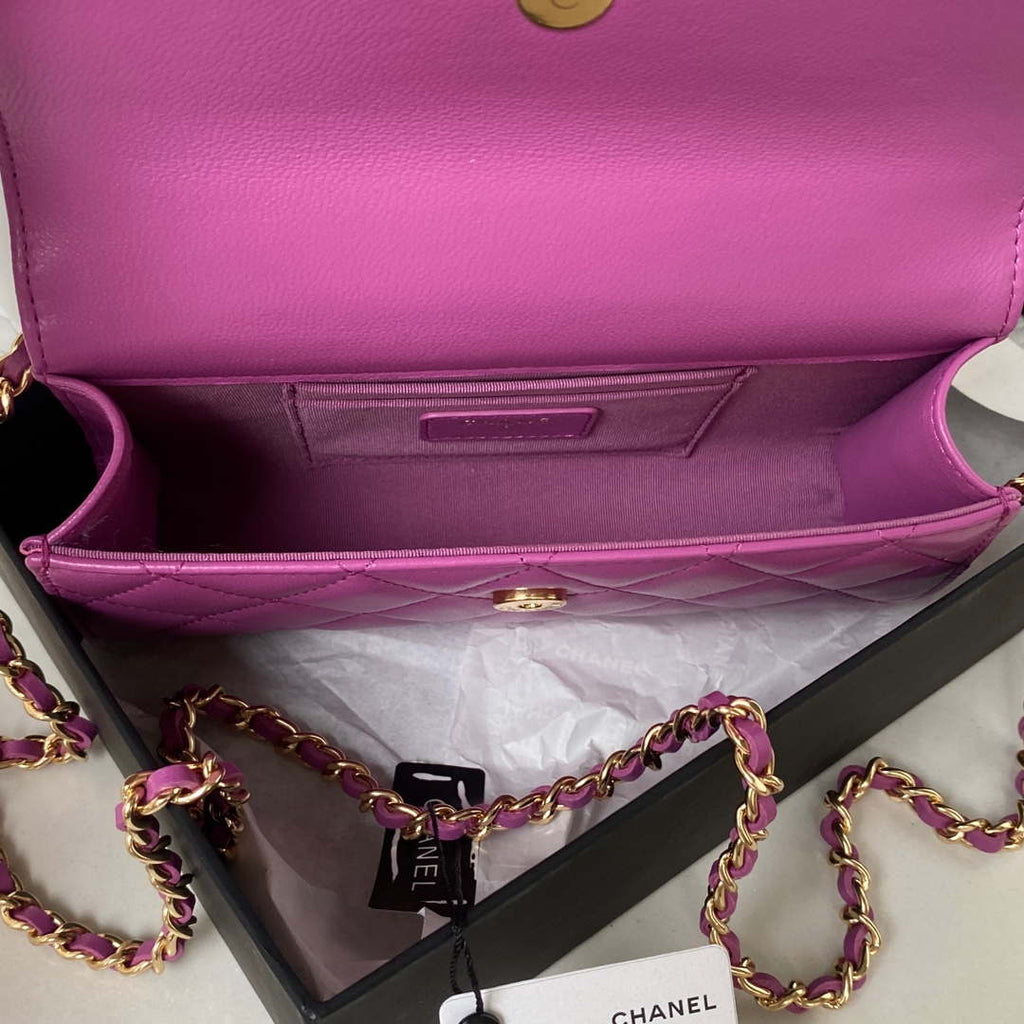 Chanel AP3512 Flap Phone Holder With Chain Lambskin Imitation Pearls Enamel & Gold Purple