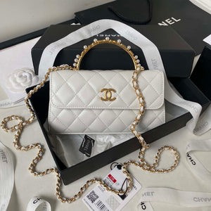 Chanel AP3512 Flap Phone Holder With Chain Lambskin Imitation Pearls Enamel & Gold White - Default Title - View 1