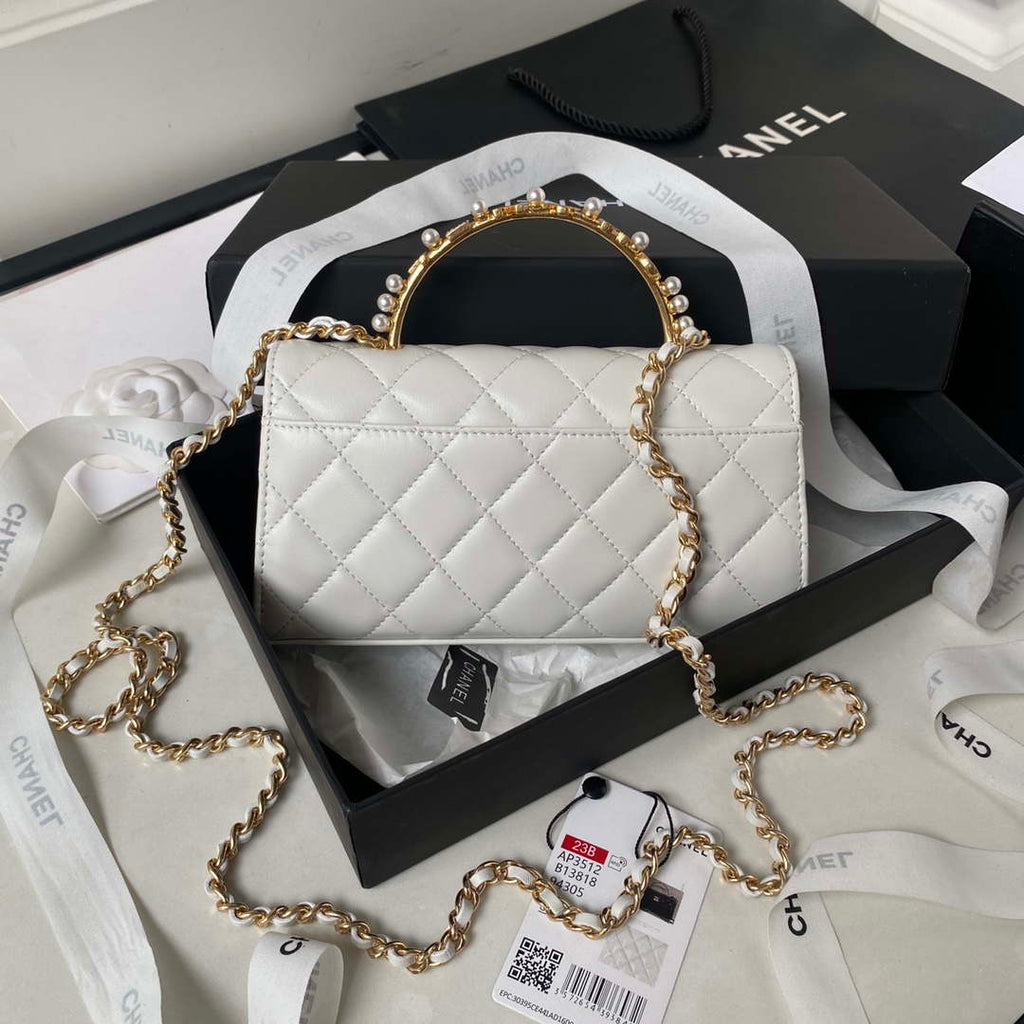 Chanel AP3512 Flap Phone Holder With Chain Lambskin Imitation Pearls Enamel & Gold White