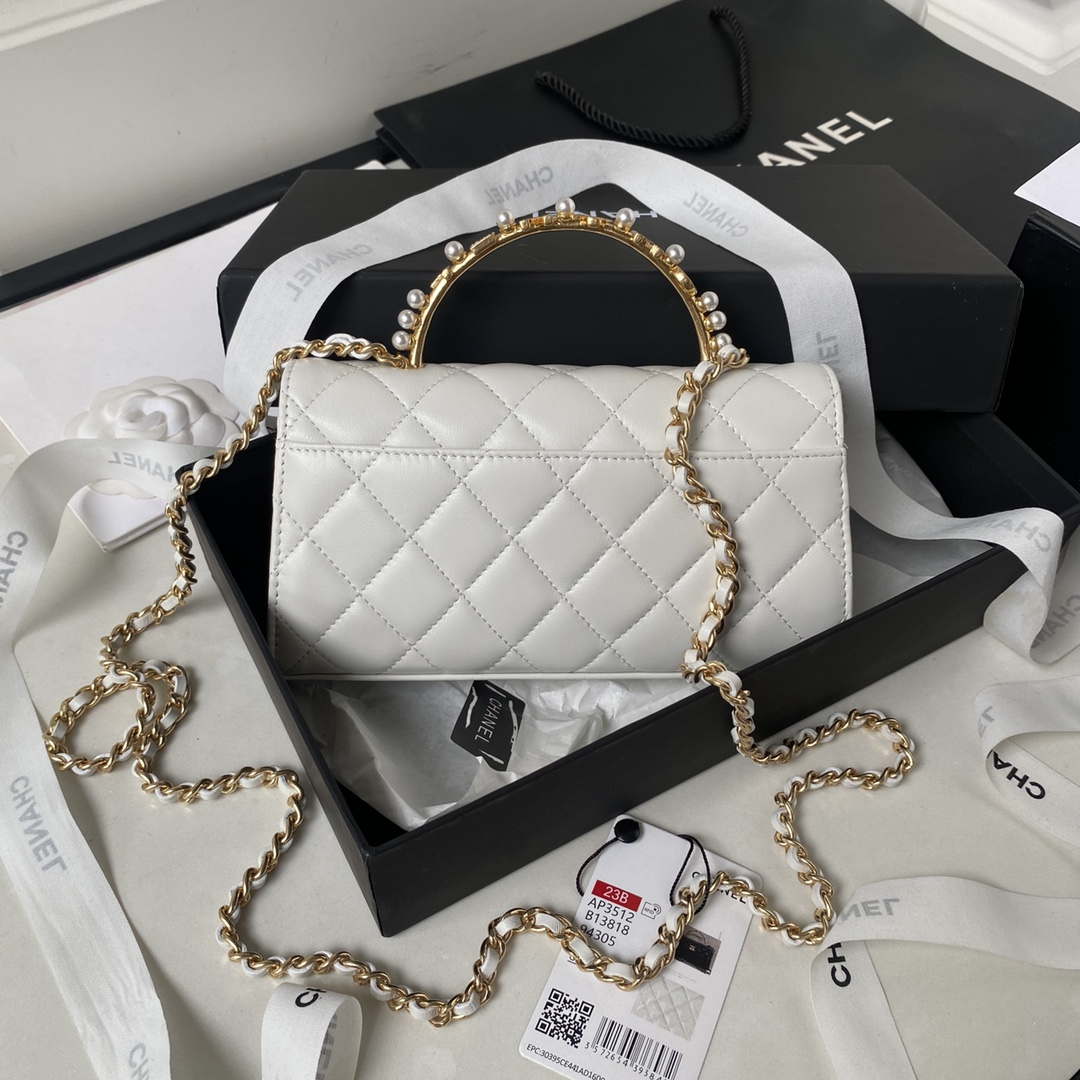 Chanel AP3512 Flap Phone Holder With Chain Lambskin Imitation Pearls Enamel & Gold White - Default Title - View 2