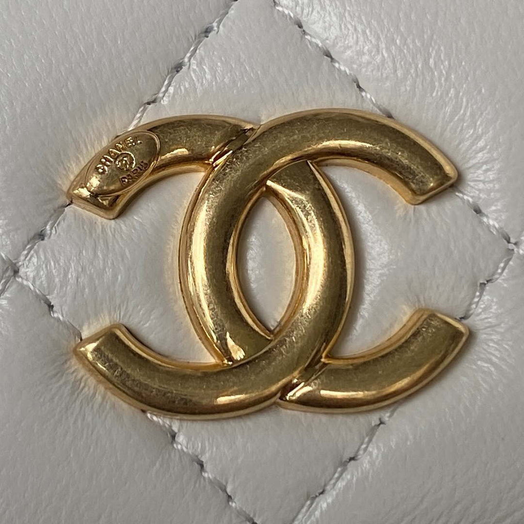 Chanel AP3512 Flap Phone Holder With Chain Lambskin Imitation Pearls Enamel & Gold White