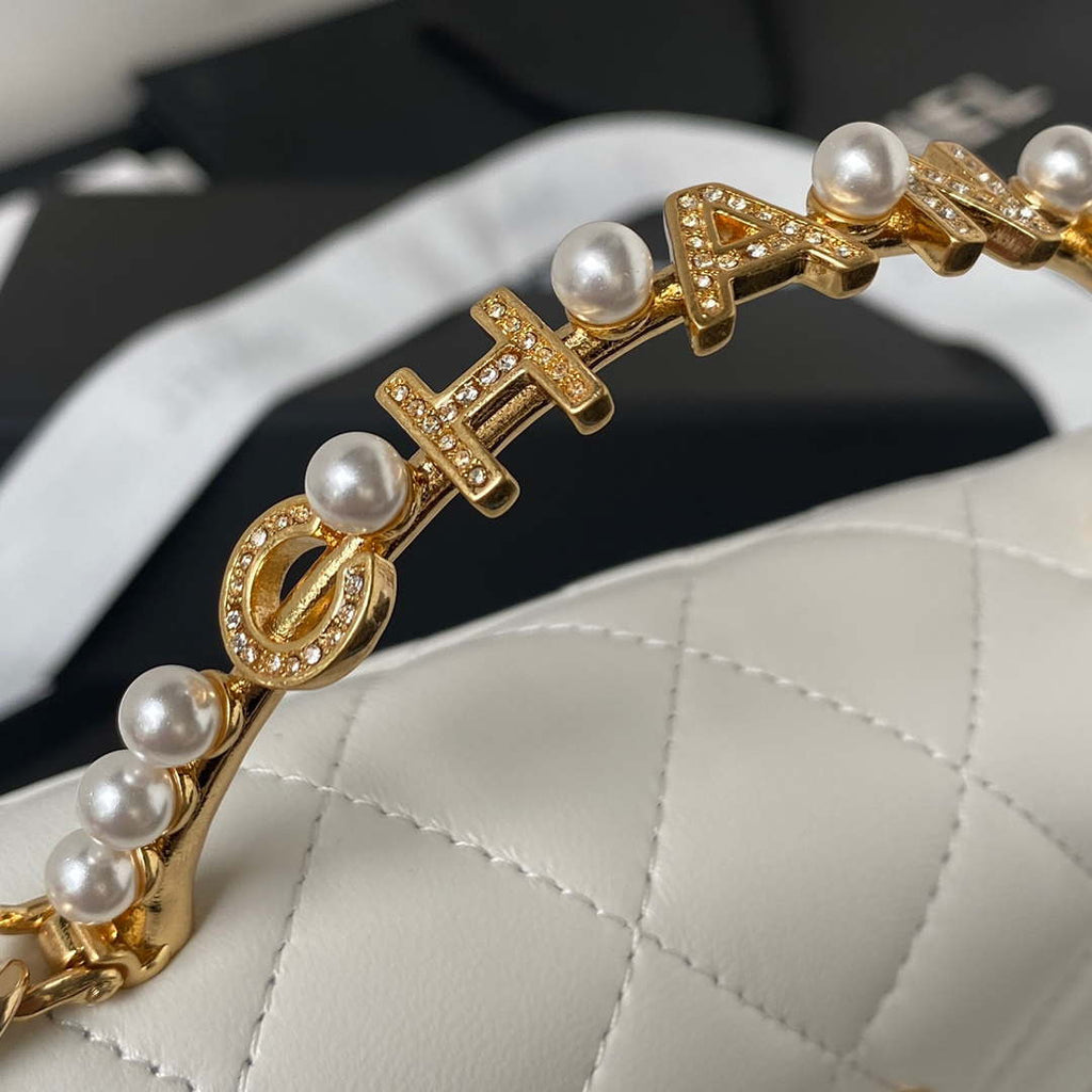 Chanel AP3512 Flap Phone Holder With Chain Lambskin Imitation Pearls Enamel & Gold White