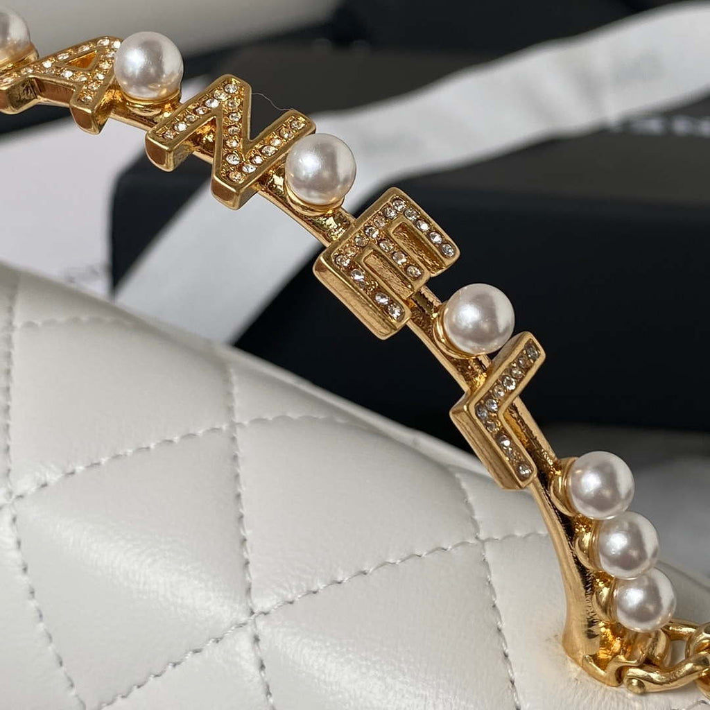 Chanel AP3512 Flap Phone Holder With Chain Lambskin Imitation Pearls Enamel & Gold White