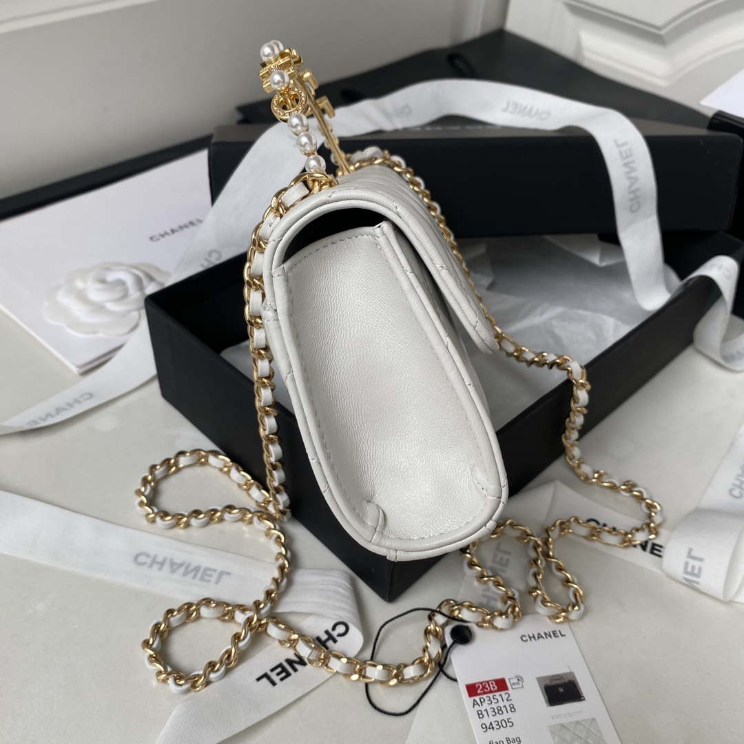 Chanel AP3512 Flap Phone Holder With Chain Lambskin Imitation Pearls Enamel & Gold White - Default Title - View 6