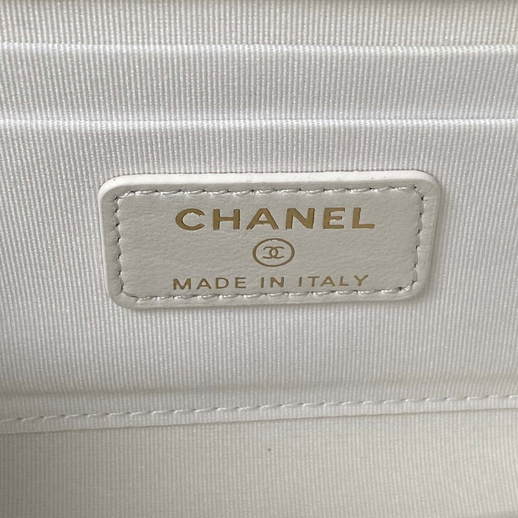 Chanel AP3512 Flap Phone Holder With Chain Lambskin Imitation Pearls Enamel & Gold White