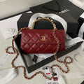 Chanel AP3512 Flap Phone Holder With Chain Lambskin Imitation Pearls Enamel & Gold Wine red - Default Title - View 1