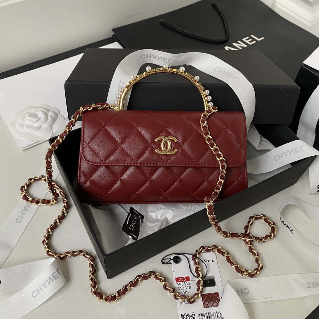 Chanel AP3512 Flap Phone Holder With Chain Lambskin Imitation Pearls Enamel & Gold Wine red - Default Title - View 1