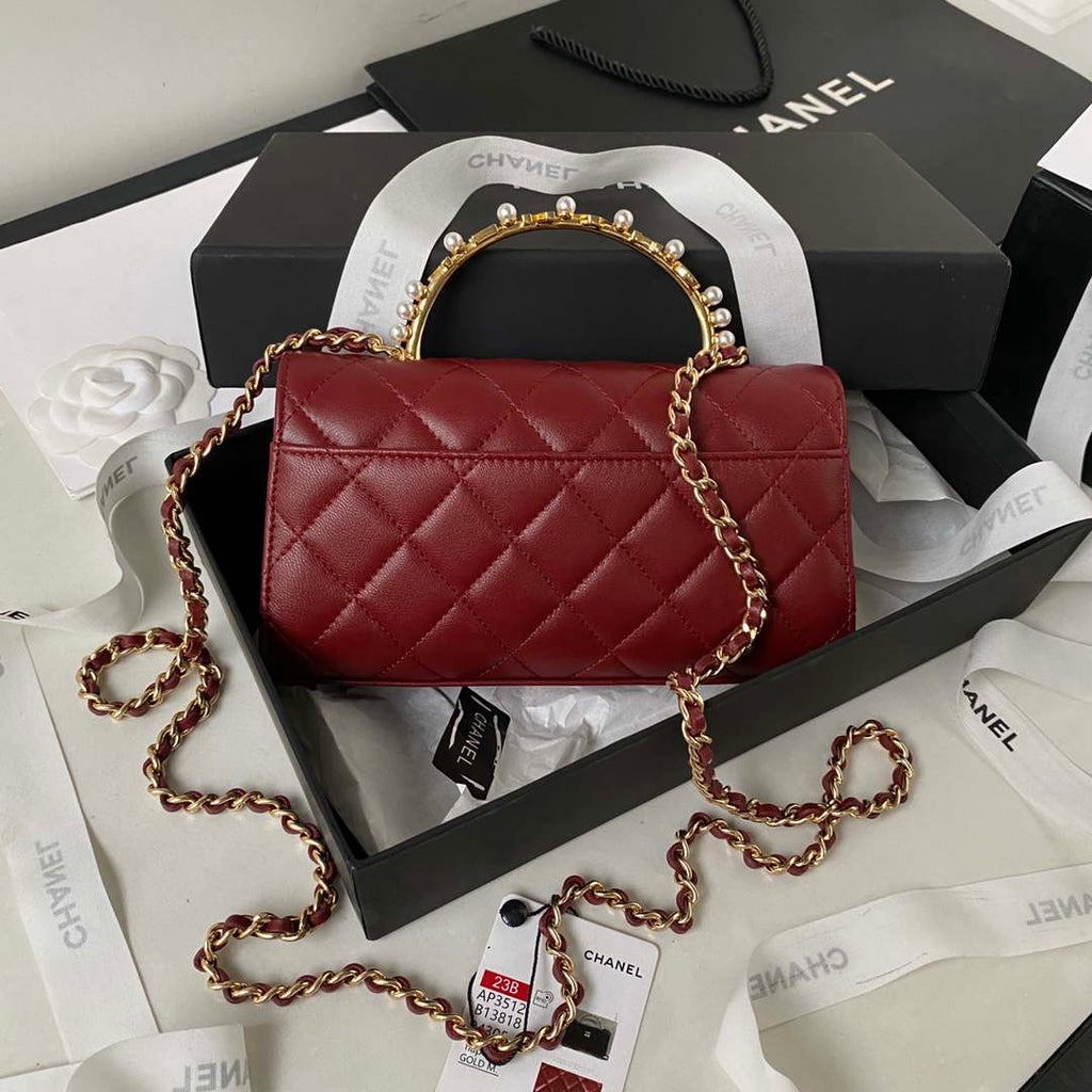 Chanel AP3512 Flap Phone Holder With Chain Lambskin Imitation Pearls Enamel & Gold Wine red