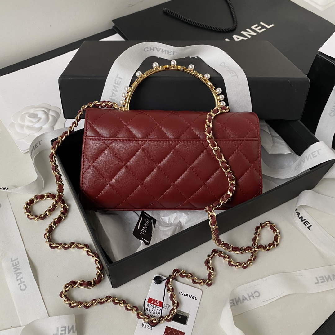 Chanel AP3512 Flap Phone Holder With Chain Lambskin Imitation Pearls Enamel & Gold Wine red - Default Title - View 2