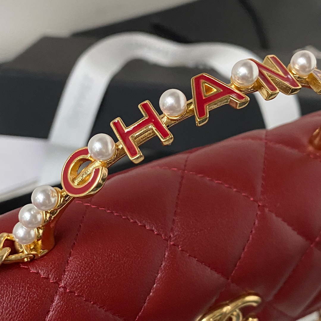 Chanel AP3512 Flap Phone Holder With Chain Lambskin Imitation Pearls Enamel & Gold Wine red - Default Title - View 4