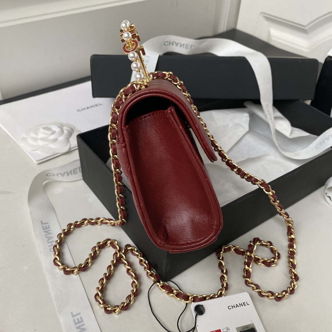Chanel AP3512 Flap Phone Holder With Chain Lambskin Imitation Pearls Enamel & Gold Wine red - Default Title - View 6