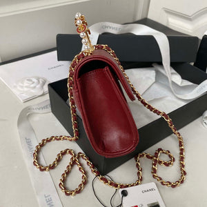 Chanel AP3512 Flap Phone Holder With Chain Lambskin Imitation Pearls Enamel & Gold Wine red - Default Title - View 6