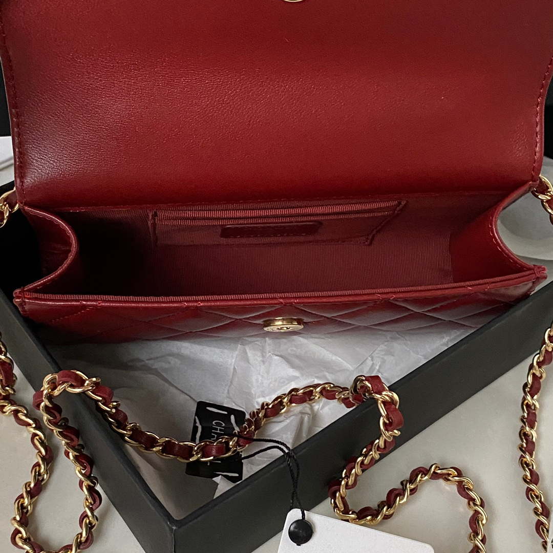 Chanel AP3512 Flap Phone Holder With Chain Lambskin Imitation Pearls Enamel & Gold Wine red - Default Title - View 8