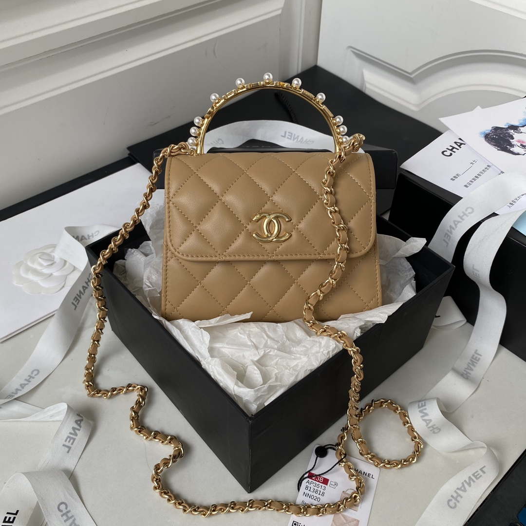 Chanel AP3513 Woc Clutch With Chain lambskin Imitation Pearls Enamel & Gold Apricot - Default Title - View 1
