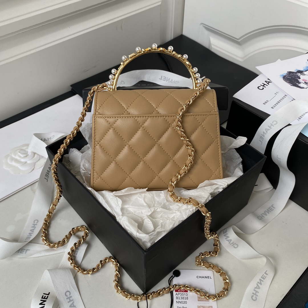 Chanel AP3513 Woc Clutch With Chain lambskin Imitation Pearls Enamel & Gold Apricot