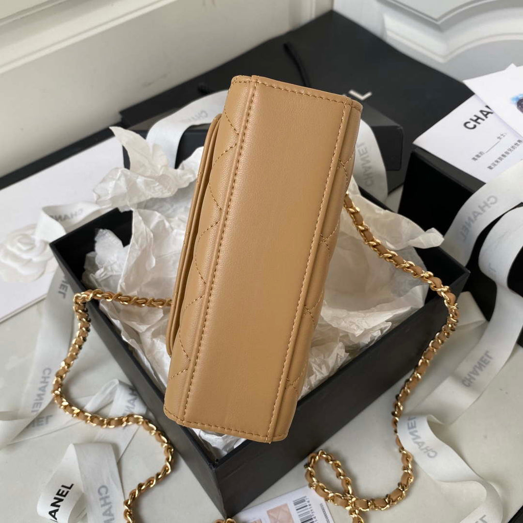 Chanel AP3513 Woc Clutch With Chain lambskin Imitation Pearls Enamel & Gold Apricot