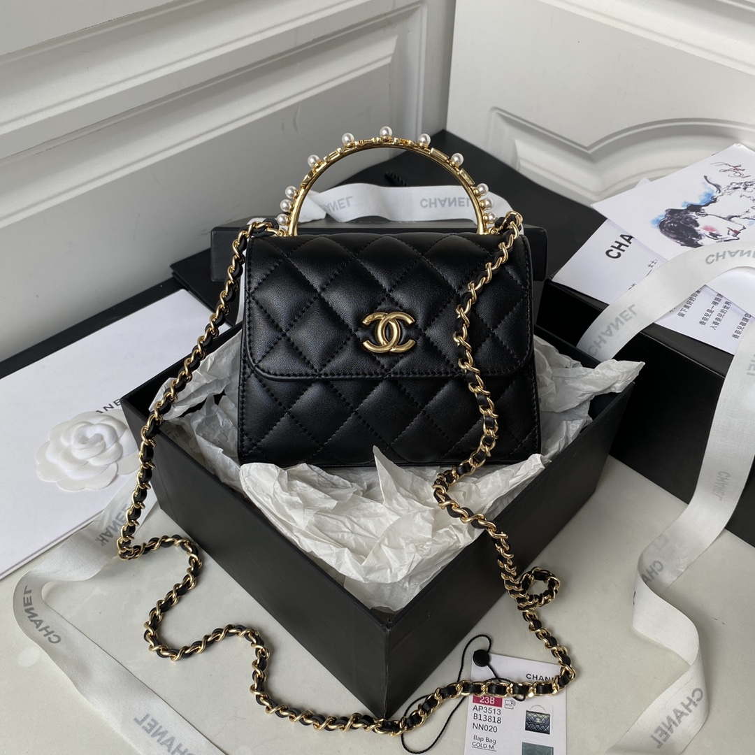 Chanel AP3513 Woc Clutch With Chain lambskin Imitation Pearls Enamel & Gold Black - Default Title - View 1