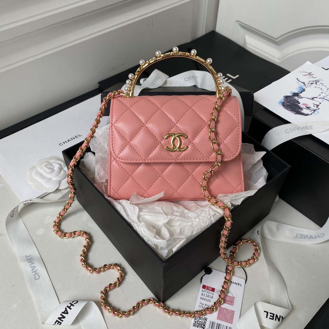 Chanel AP3513 Woc Clutch With Chain lambskin Imitation Pearls Enamel & Gold Pink - Default Title - View 1
