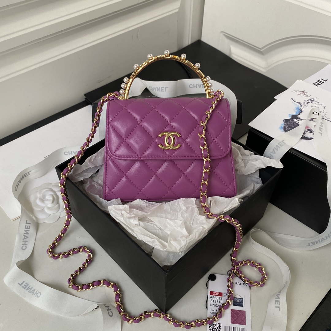 Chanel AP3513 Woc Clutch With Chain lambskin Imitation Pearls Enamel & Gold Purple - Default Title - View 1