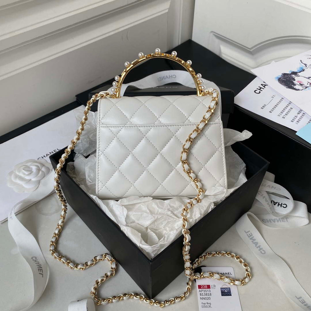 Chanel AP3513 Woc Clutch With Chain lambskin Imitation Pearls Enamel & Gold White