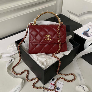 Chanel AP3513 Woc Clutch With Chain lambskin Imitation Pearls Enamel & Gold Wine Red - Default Title - View 1