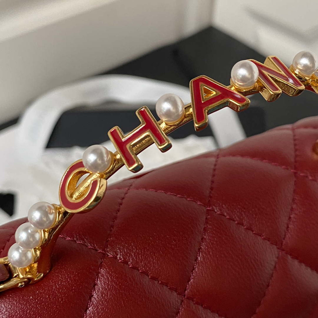 Chanel AP3513 Woc Clutch With Chain lambskin Imitation Pearls Enamel & Gold Wine Red