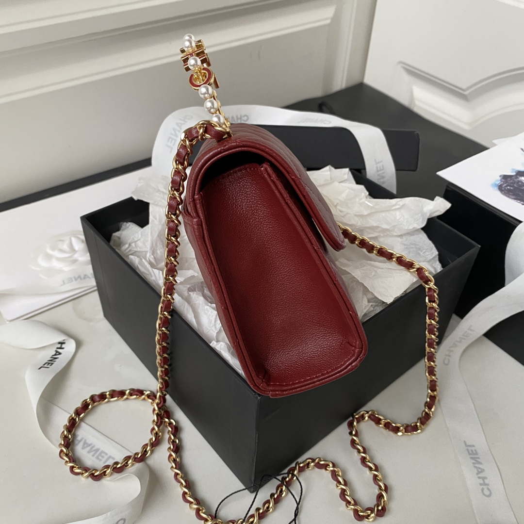 Chanel AP3513 Woc Clutch With Chain lambskin Imitation Pearls Enamel & Gold Wine Red