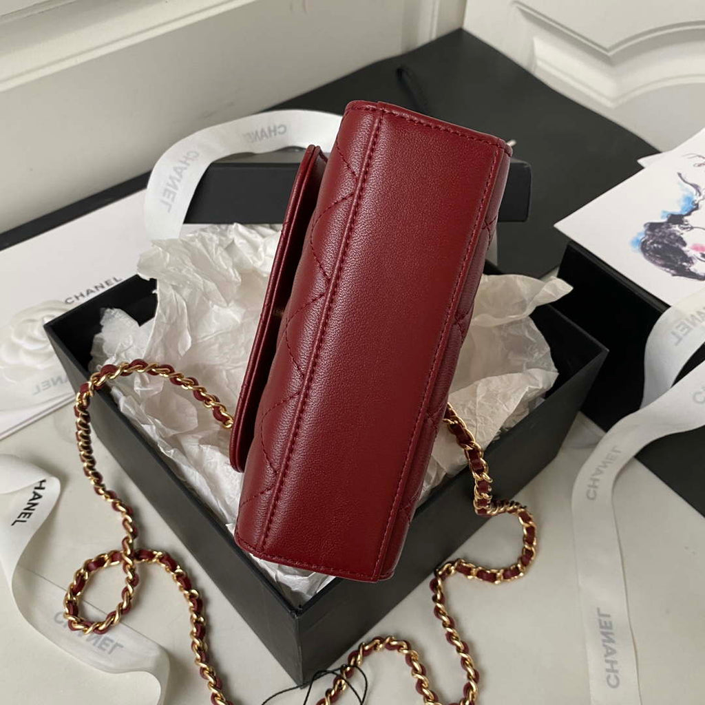 Chanel AP3513 Woc Clutch With Chain lambskin Imitation Pearls Enamel & Gold Wine Red