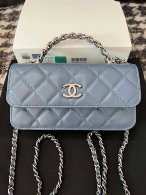 Chanel AP3566 Clutch with Chain Blue Shiny Crumpled Calfskin Strass & Ruthenium Finish Metal - Default Title - View 1