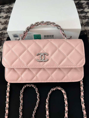 Chanel AP3566 Clutch with Chain Pink Shiny Crumpled Calfskin Strass & Ruthenium Finish Metal - Default Title - View 1