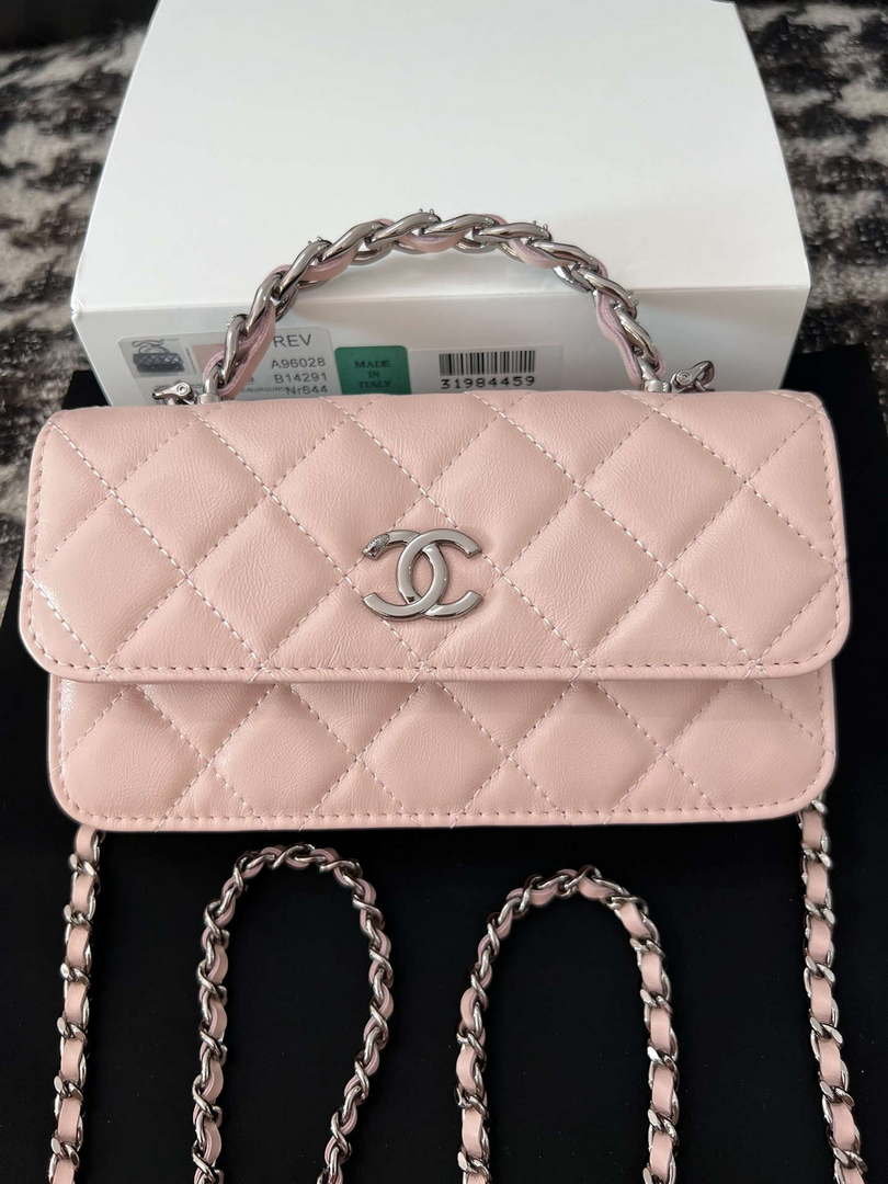 Chanel AP3566 Clutch with Chain Pink Shiny Crumpled Calfskin Strass & Ruthenium Finish Metal - Default Title - View 1