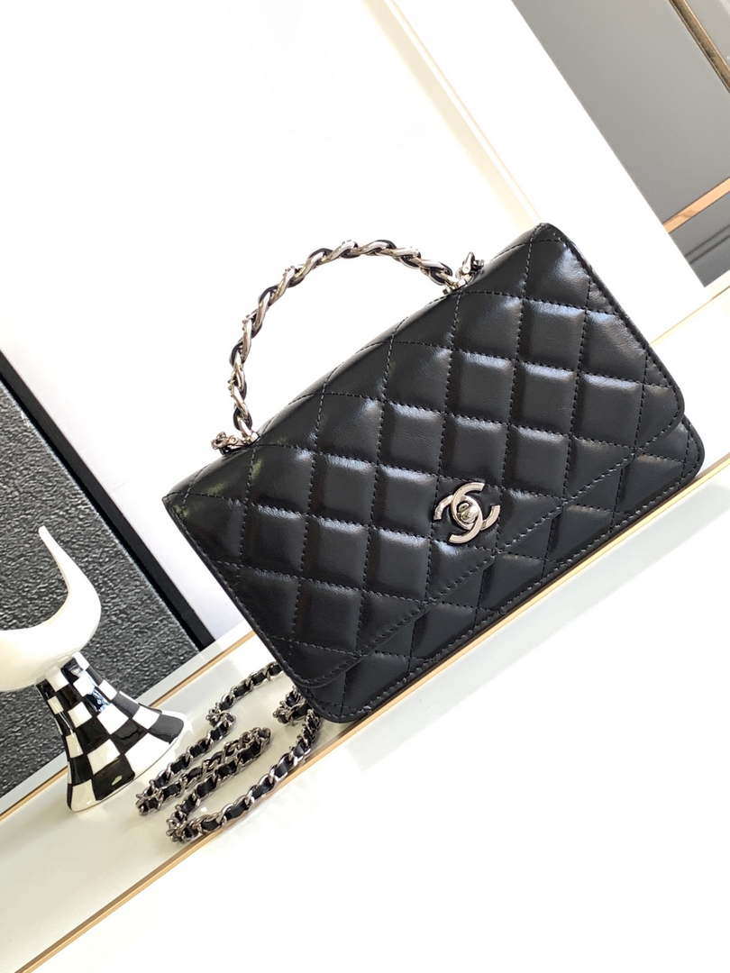 Chanel AP3645 Woc Wallet on Chain Black Shiny Crumpled Calfskin Strass & Ruthenium Finish Metal - Default Title - View 1