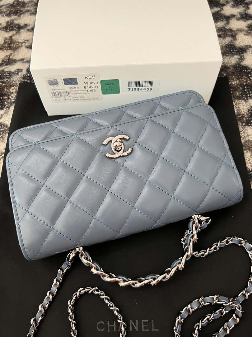 Chanel AP3645 Woc Wallet on Chain Blue Shiny Crumpled Calfskin Strass & Ruthenium Finish Metal
