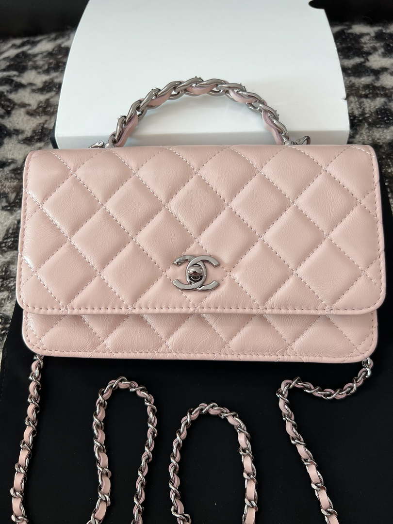 Chanel AP3645 Woc Wallet on Chain Pink Shiny Crumpled Calfskin Strass & Ruthenium Finish Metal - Default Title - View 1