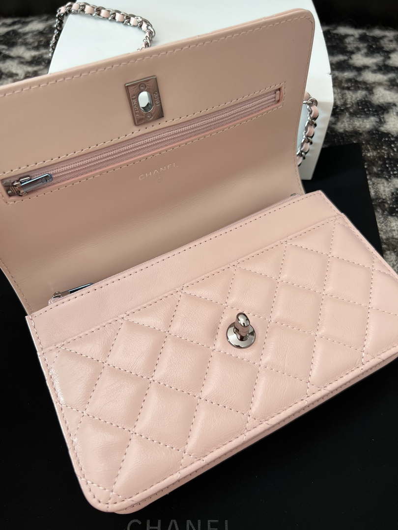 Chanel AP3645 Woc Wallet on Chain Pink Shiny Crumpled Calfskin Strass & Ruthenium Finish Metal