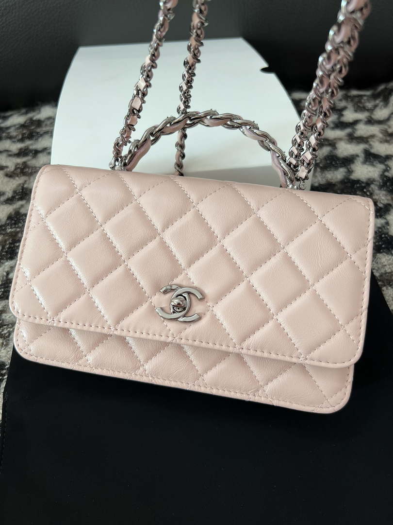 Chanel AP3645 Woc Wallet on Chain Pink Shiny Crumpled Calfskin Strass & Ruthenium Finish Metal - Default Title - View 9