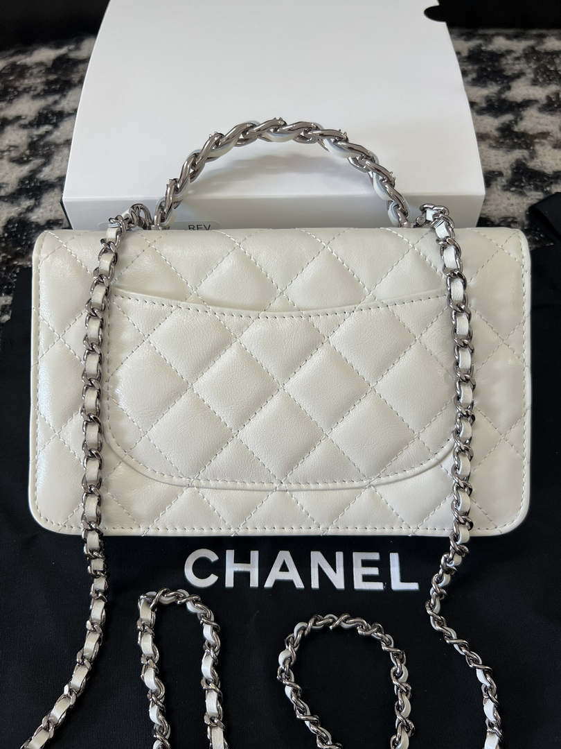 Chanel AP3645 Woc Wallet on Chain White Shiny Crumpled Calfskin Strass & Ruthenium Finish Metal