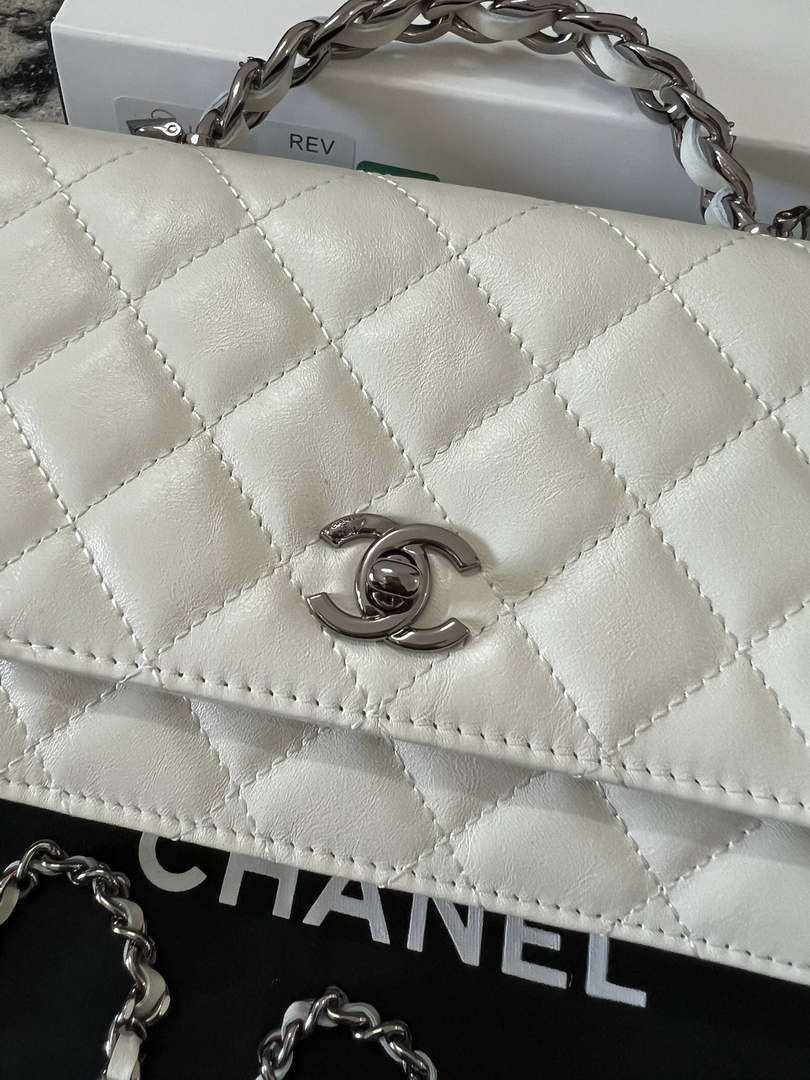 Chanel AP3645 Woc Wallet on Chain White Shiny Crumpled Calfskin Strass & Ruthenium Finish Metal
