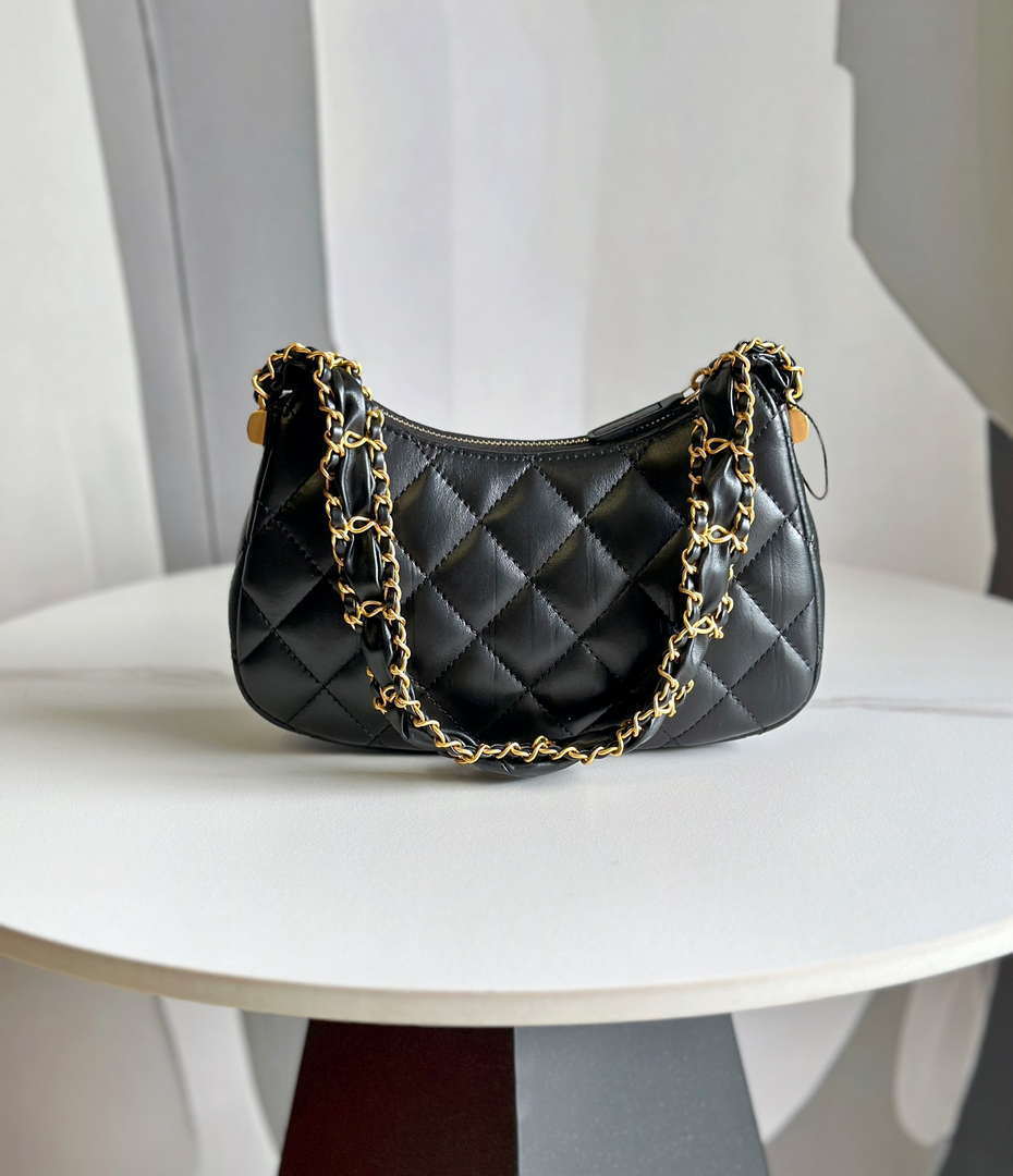 Chanel AP3647 23K Small Hobo Bag Lambskin Gold Metal Black