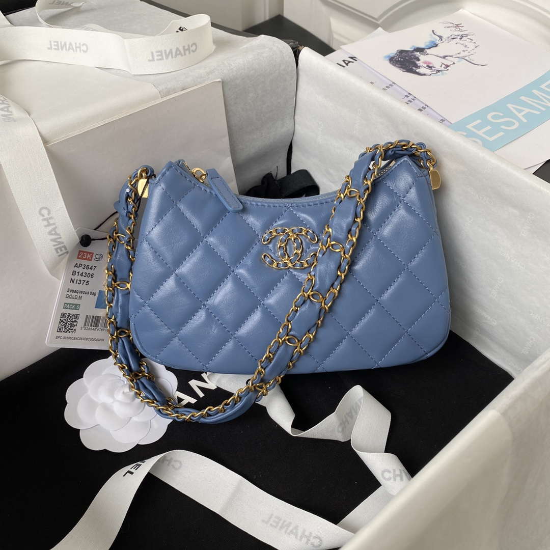 Chanel AP3647 23K Small Hobo Bag Lambskin Gold Metal Blue - Default Title - View 1