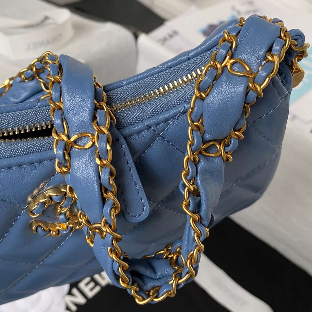 Chanel AP3647 23K Small Hobo Bag Lambskin Gold Metal Blue