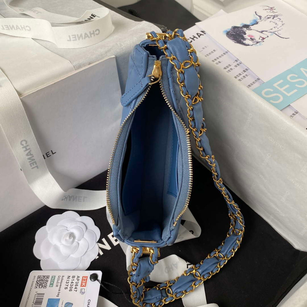 Chanel AP3647 23K Small Hobo Bag Lambskin Gold Metal Blue