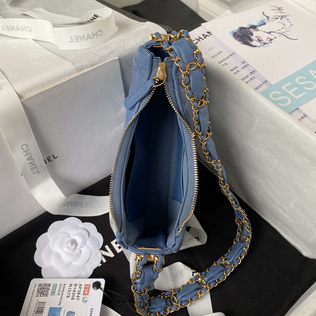 Chanel AP3647 23K Small Hobo Bag Lambskin Gold Metal Blue - Default Title - View 7