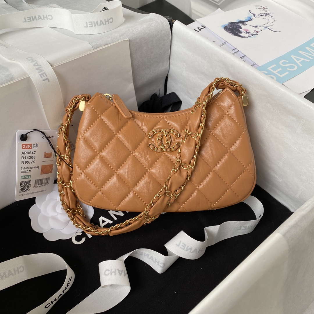 Chanel AP3647 23K Small Hobo Bag Lambskin Gold Metal Caramel - Default Title - View 1