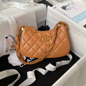 Chanel AP3647 23K Small Hobo Bag Lambskin Gold Metal Caramel - Default Title - View 1