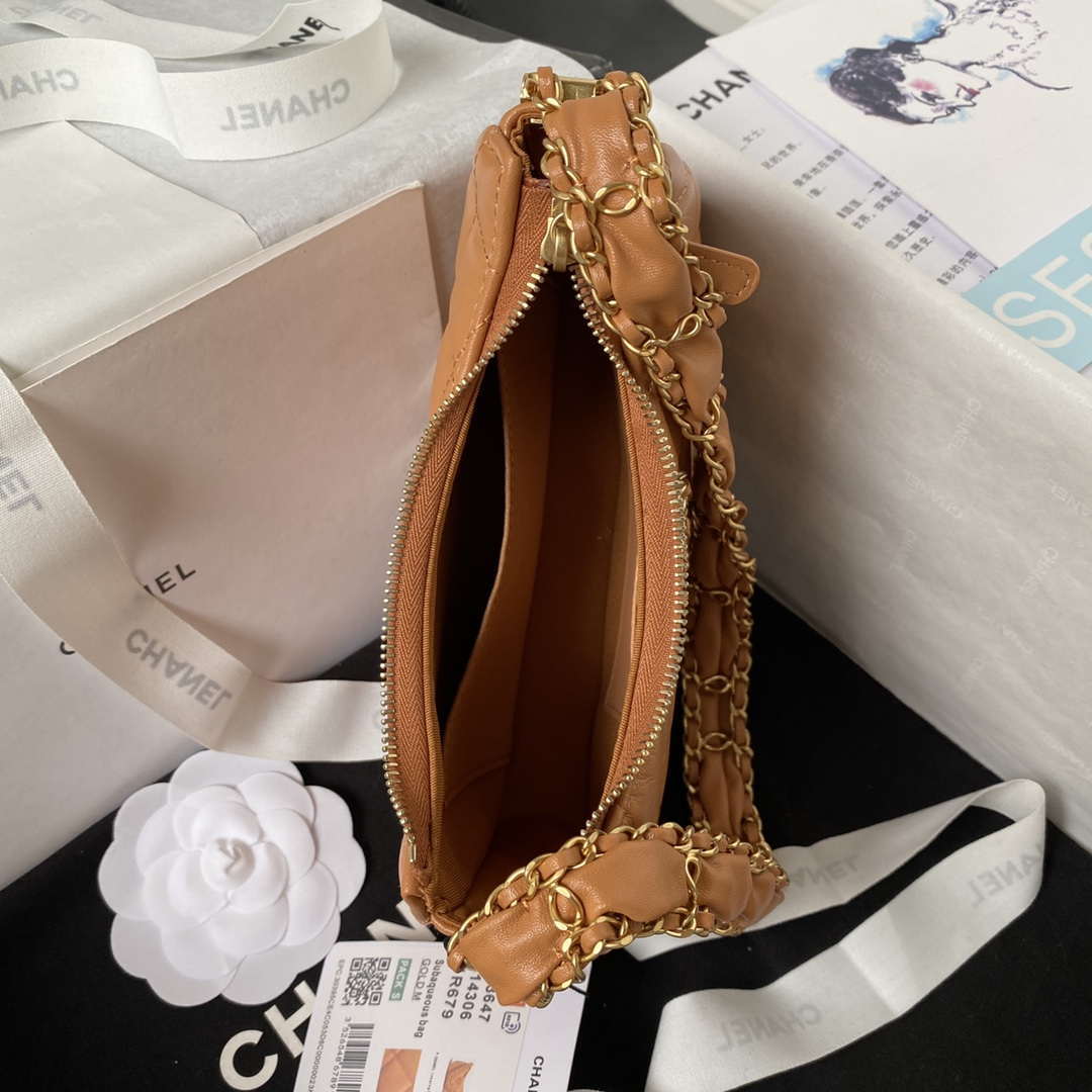 Chanel AP3647 23K Small Hobo Bag Lambskin Gold Metal Caramel