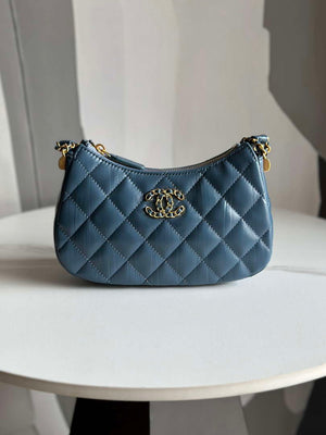 Chanel AP3647 23K Small Hobo Bag Lambskin Gold Metal Navy Blue - Default Title - View 1